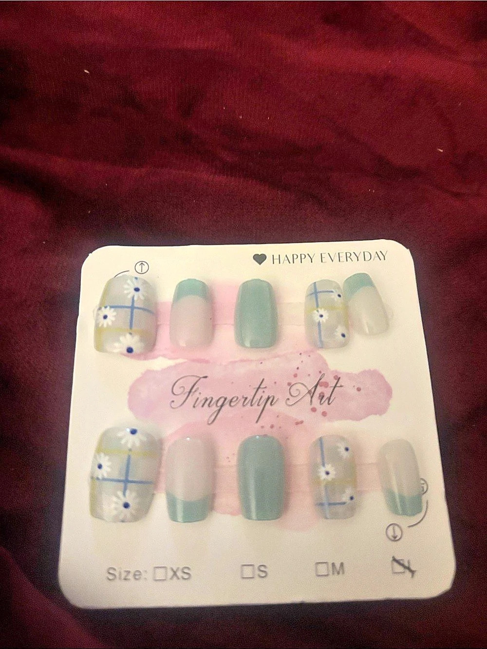 Happy Everyday Fingertip Art Press-On Nails - Mint Green and Plaid Daisy Design